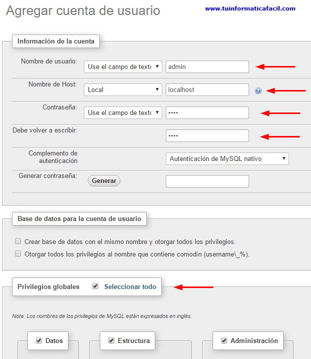 Crear usuario admin con phpMyAdmin