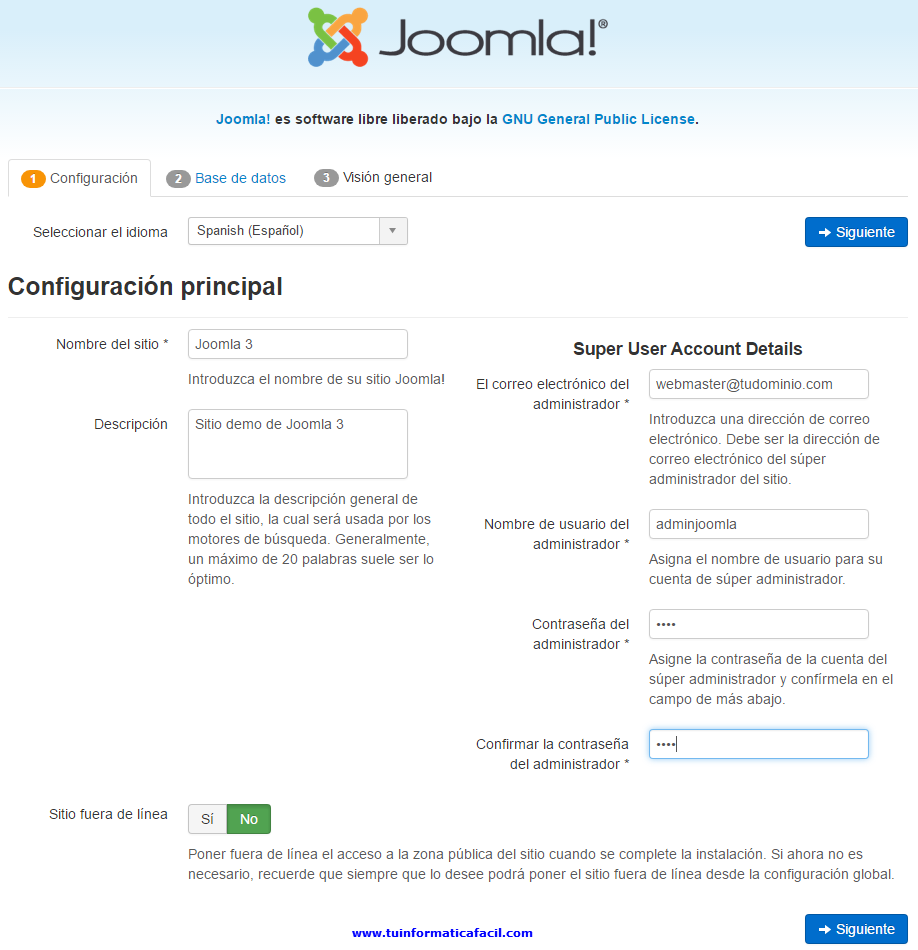 Instalación Joomla 3 - Configuración