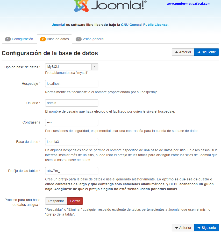 Instalación Joomla 3 - Base de datos