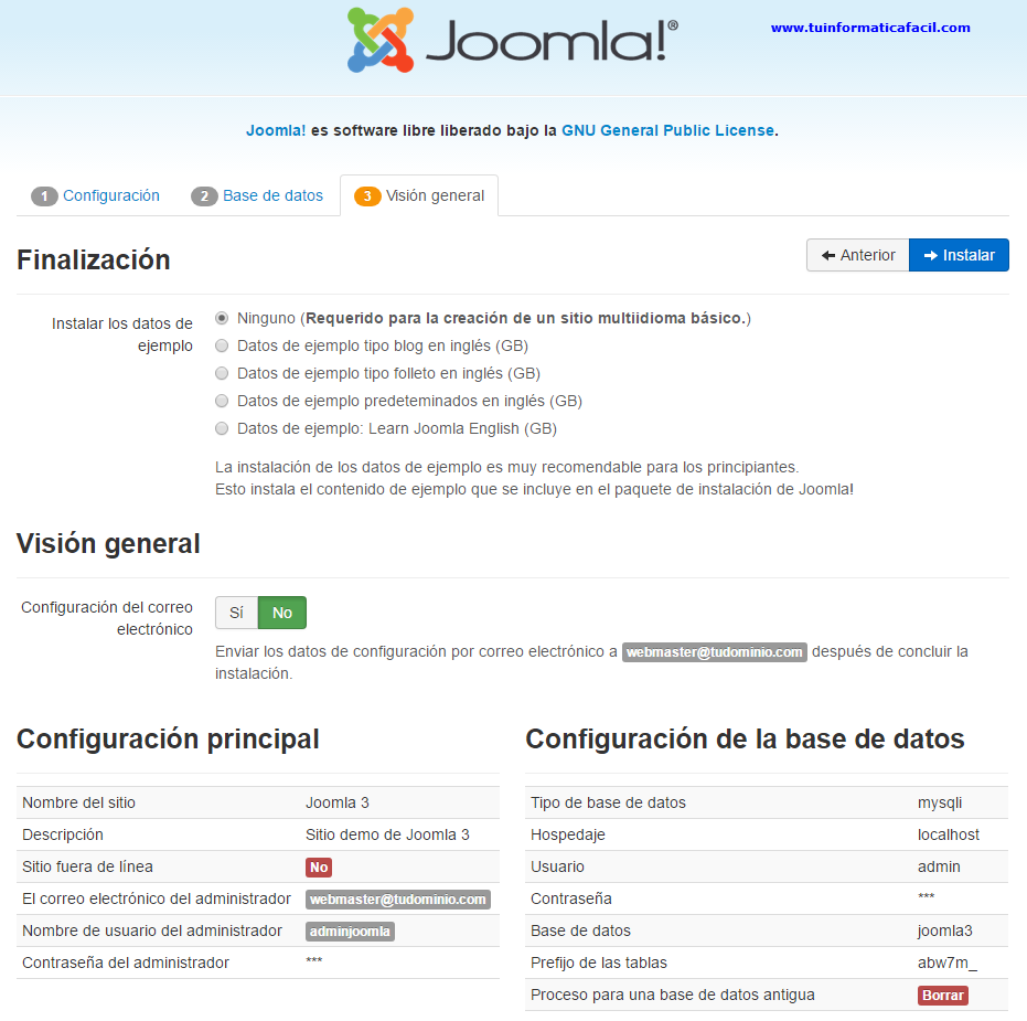 Instalación Joomla 3 - Finalización parte 1
