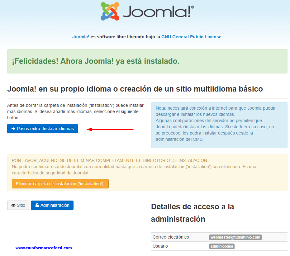 Instalación Joomla 3 - Finalización