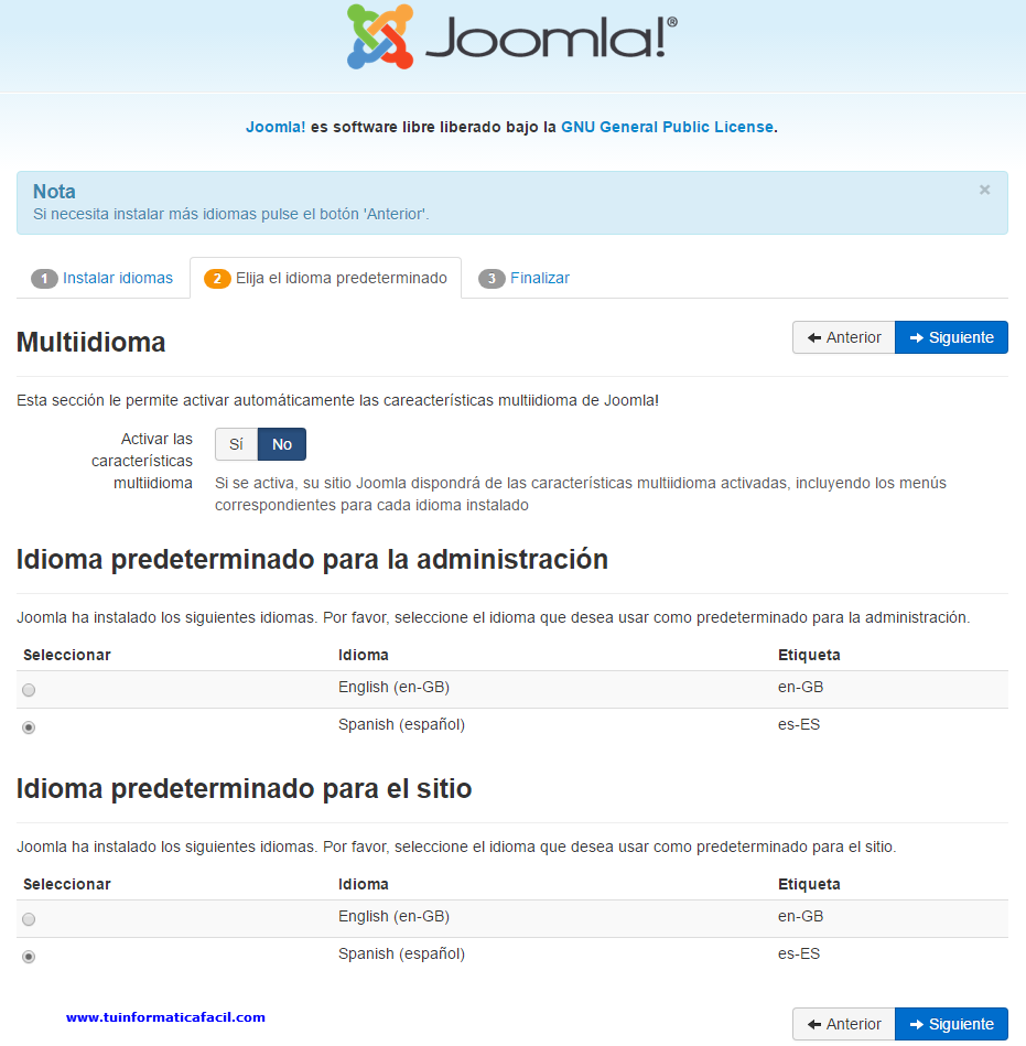 Instalación Joomla 3 - Idioma español por defecto