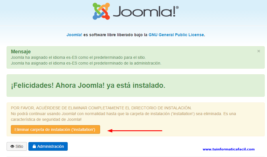 Instalación Joomla 3 - Eliminar directorio de instalación