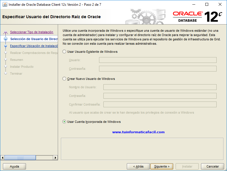 Paso 2 - Especificar Usuario del Directorio Raíz de Oracle