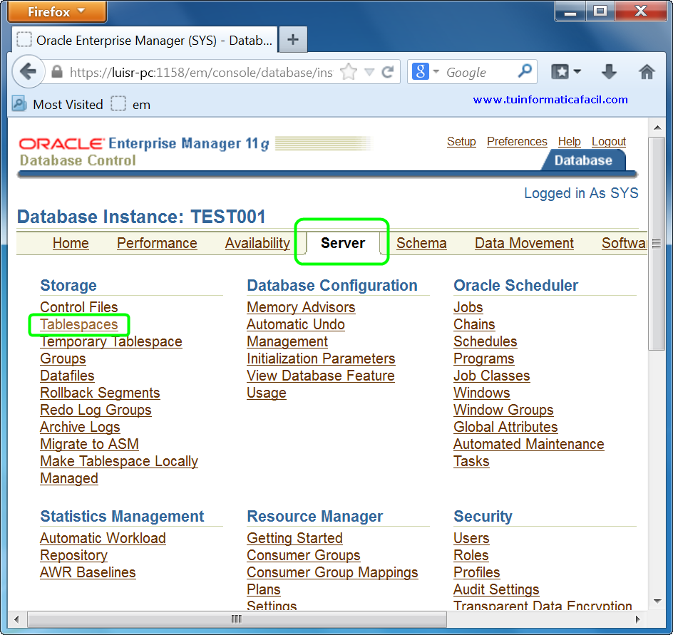 Como ampliar un Tablespace con Oracle Enterprise Manager 11g Database Control, imagen 1