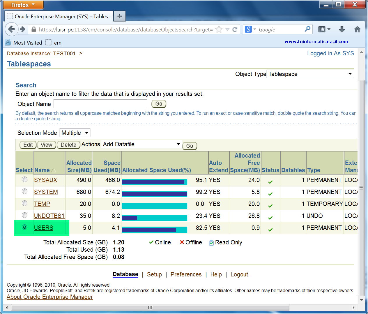 Como ampliar un Tablespace con Oracle Enterprise Manager 11g Database Control, imagen 1
