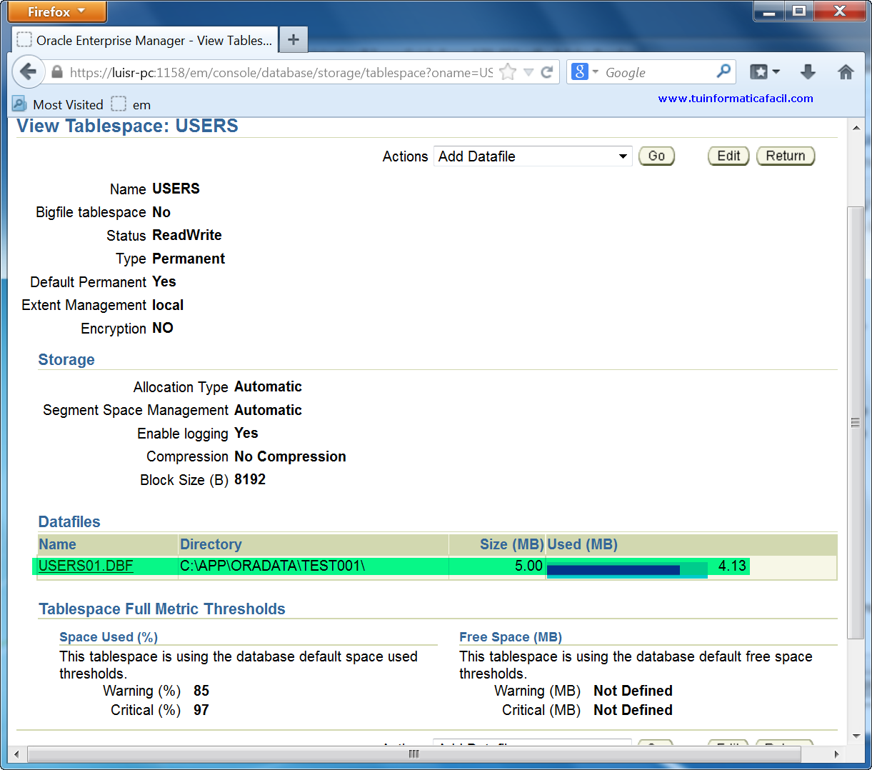 Como ampliar un Tablespace con Oracle Enterprise Manager 11g Database Control, imagen 1