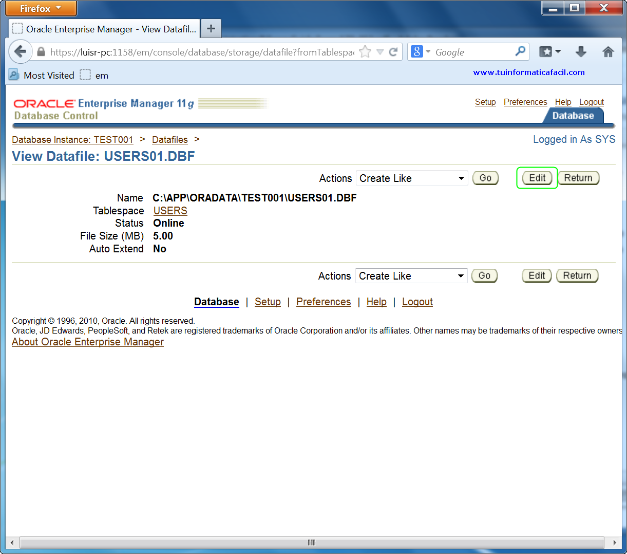 Como ampliar un Tablespace con Oracle Enterprise Manager 11g Database Control, imagen 1