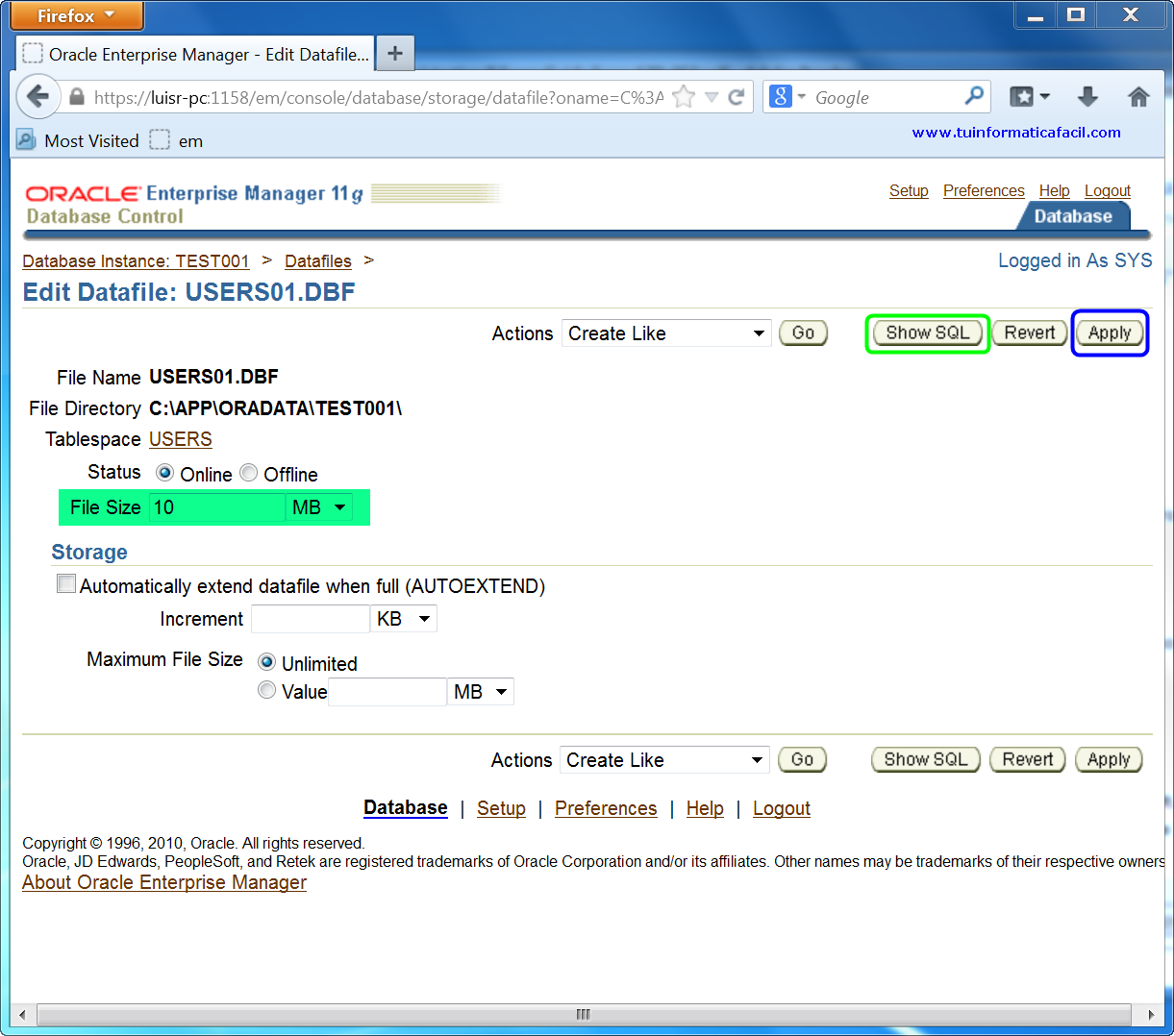 Como ampliar un Tablespace con Oracle Enterprise Manager 11g Database Control, imagen 1