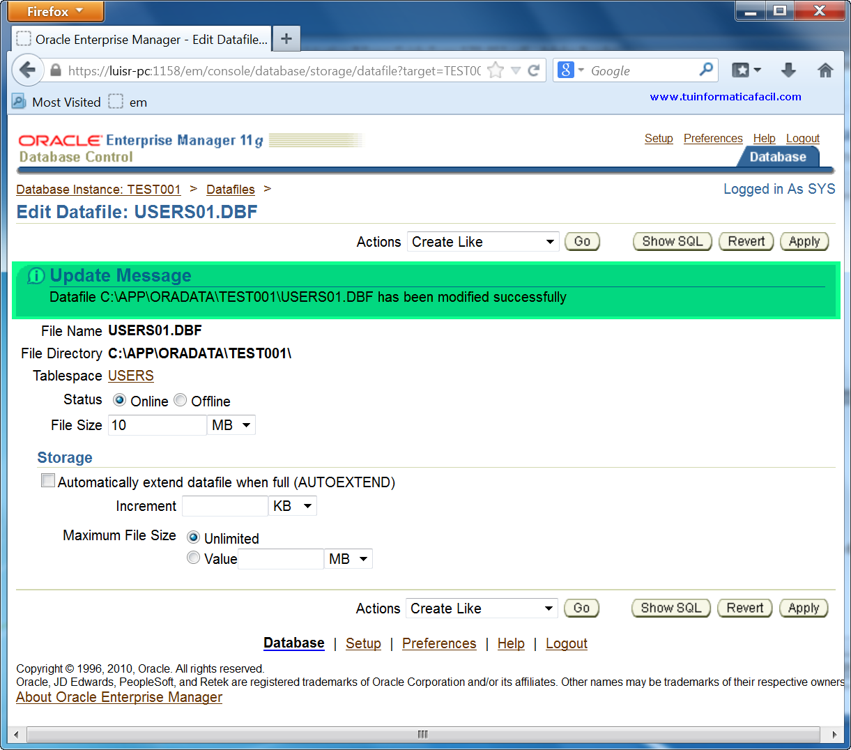 Como ampliar un Tablespace con Oracle Enterprise Manager 11g Database Control, imagen 1