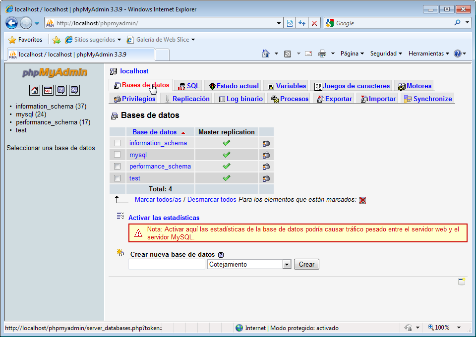 Como crear una base de datos en MySQL con phpMyAdmin.