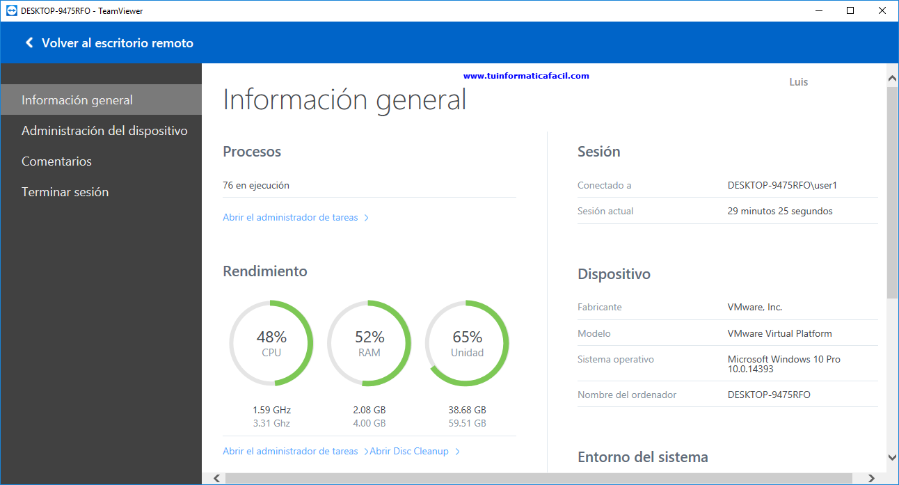 TeamViewer 12 información del PC remoto