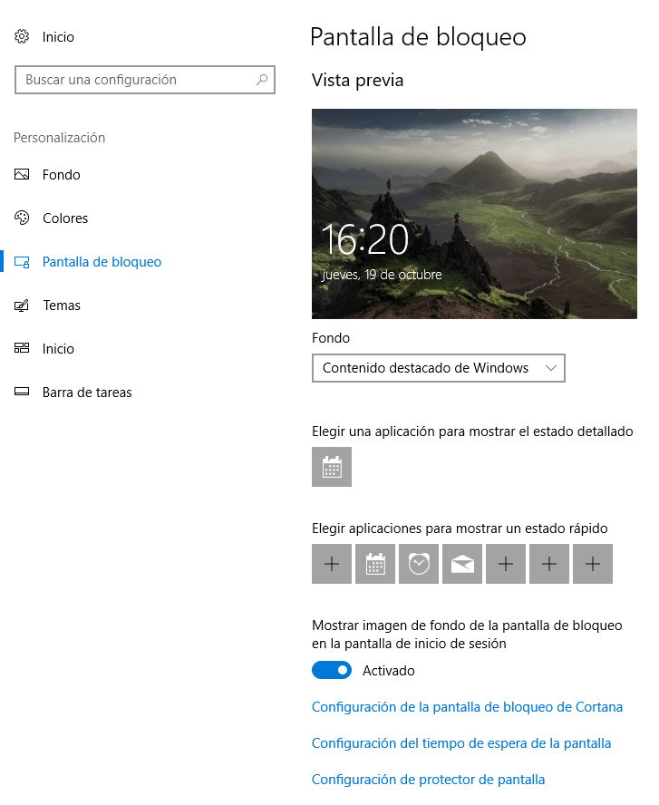 Configuración de la pantalla de bloqueo de Windows 10