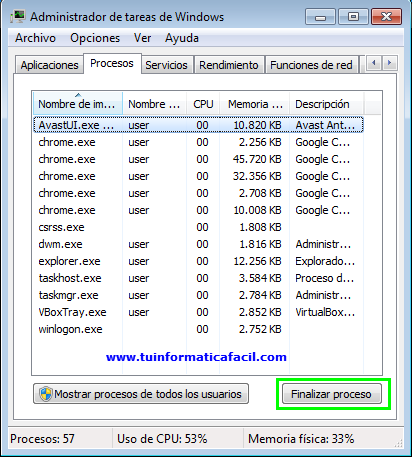 Eliminando procesos en Windows 7