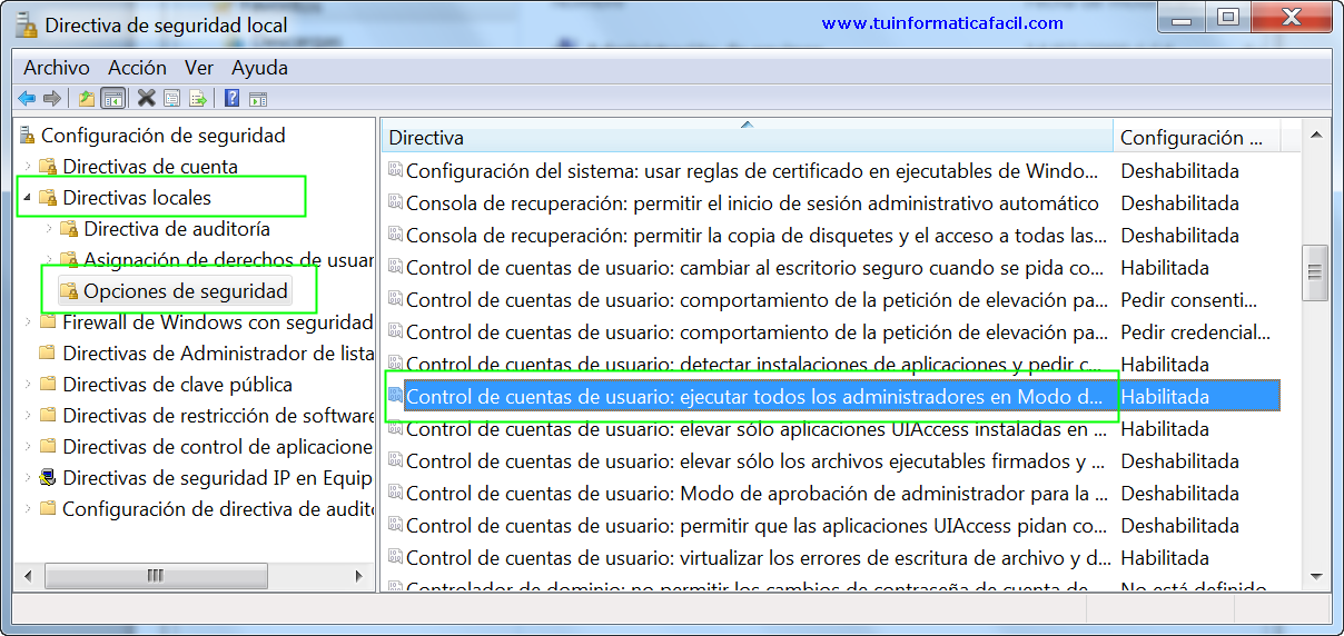 Como deshabilitar o habilitar control de cuentas en Windows 7, Directivas Locales Seguridad