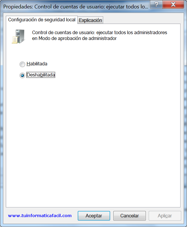 Como deshabilitar o habilitar control de cuentas en Windows 7