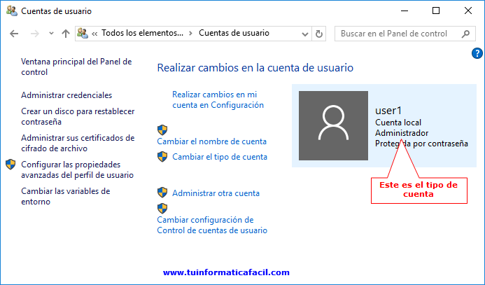 Tipo de cuenta Windows en Windows 10