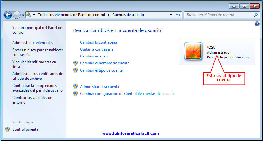 Tipo de cuenta Windows en Windows 7