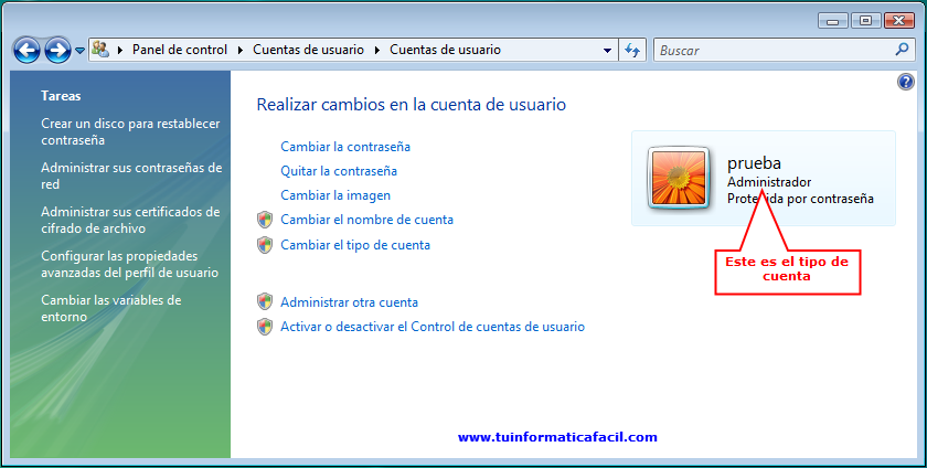 Tipo de cuenta Windows en Windows Vista