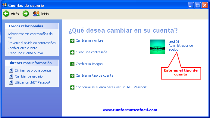 Tipo de cuenta Windows en Windows XP