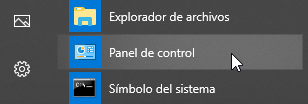 Apertura del panel de control desde el menú de inicio.