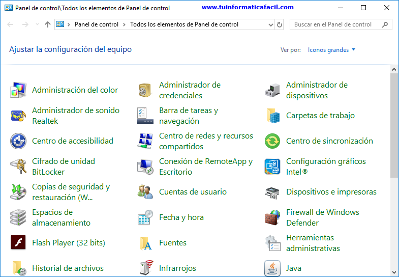 El Panel de Control en Windows 10