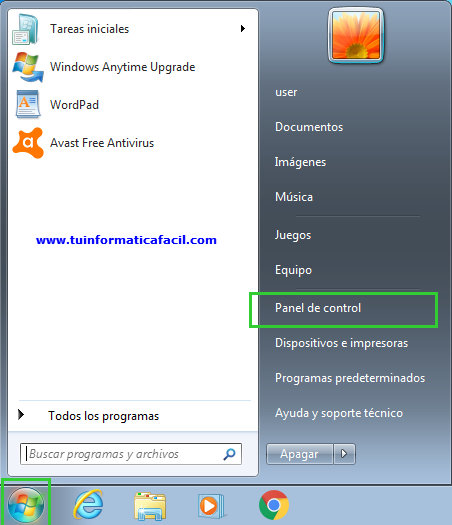 Abrir el panel de control en Windows 7 y Windows Vista