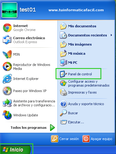 Abrir el panel de control en Windows XP