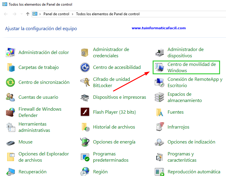 Centro de movilidad de Windows desde panel de control