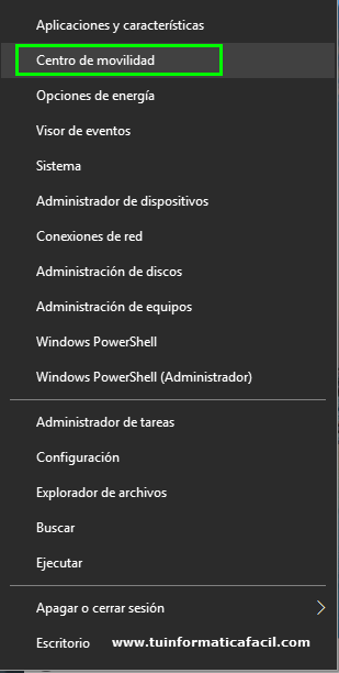 Centro de movilidad de Windows desde tecla Windows + X