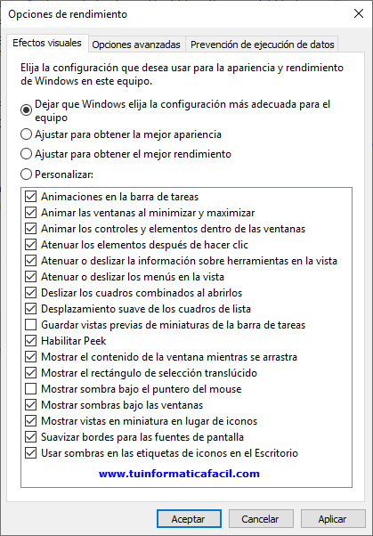 Efectos visuales de Windows 10