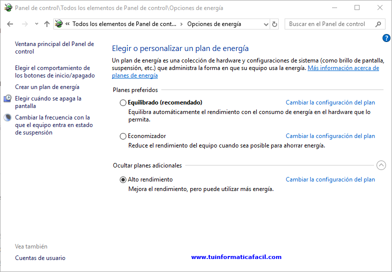 Opciones de plan de energía de Windows