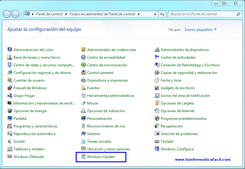 Panel de control Windows 7 SP1 o Windows 8.1
