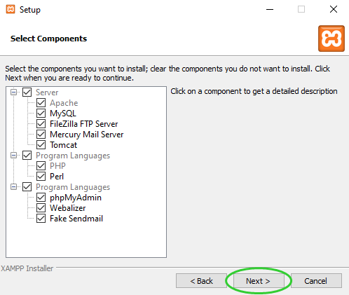 Instalar XAMPP seleccionar componentes