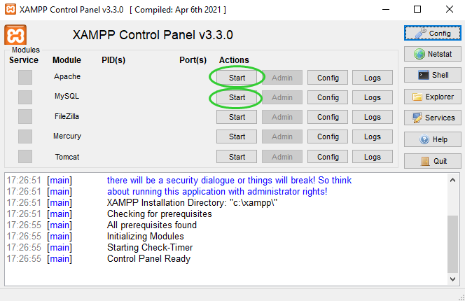 Panel control XAMPP