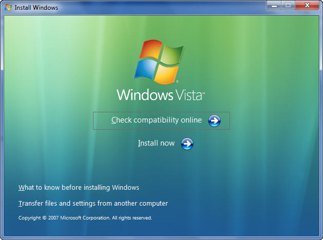 Pantalla inicial instalación Windows Vista